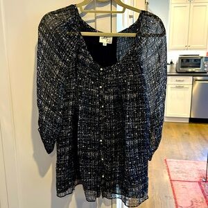 Milly of New York Women’s Silk lined Black and White Blouse with Pearl Buttons